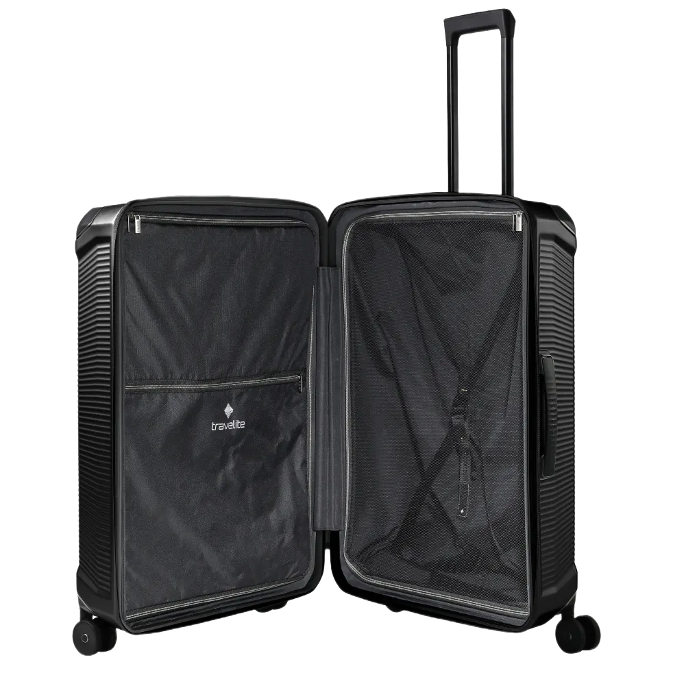 travelite millennium stor kuffert, sort, indvendig, med to lynlåsaflukkede halvdele