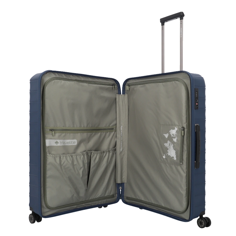 travelite mooby stor blå kuffert, åben