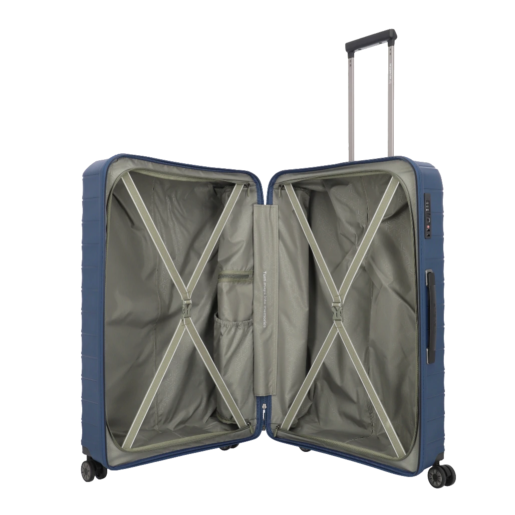 travelite mooby stor blå kuffert, åben