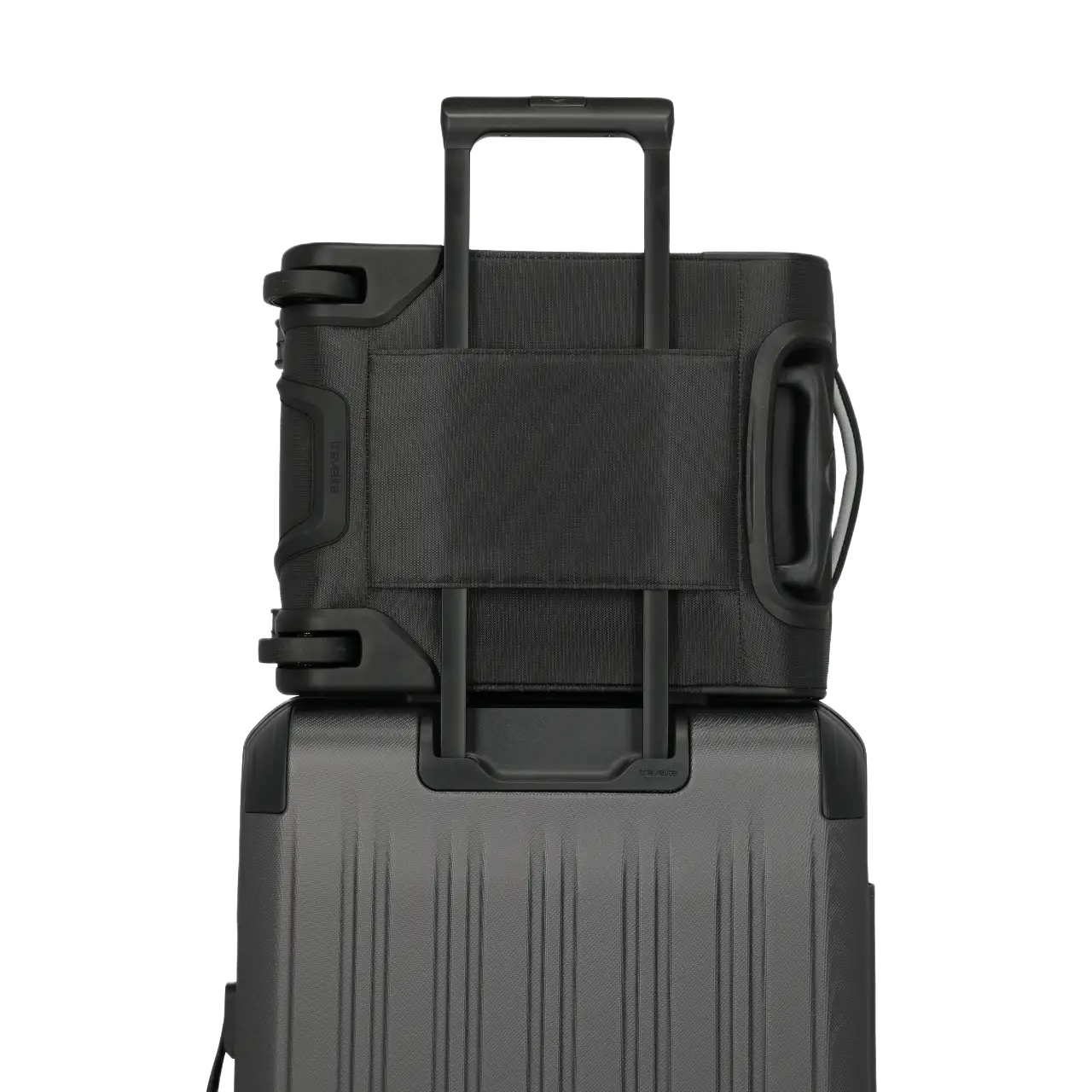 Travelite Jetpack EasyJet kuffert, sort, forfra, fæstet til indtjekningskuffert