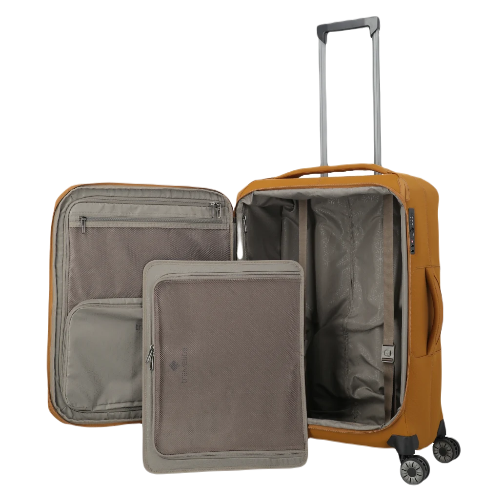 travelite Priima kuffert medium størrelse, curry. åben, med pakkeplade