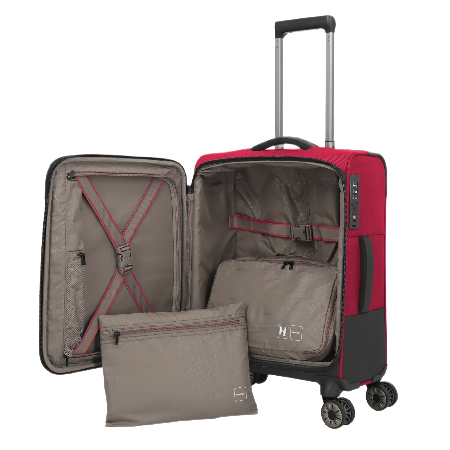 travelite crosslite slim kabinekuffert rød, med pakkeposer