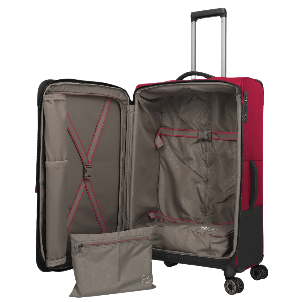 travelte Crosslite stor rød kuffert, åben med shjortelomme og pakkeposer