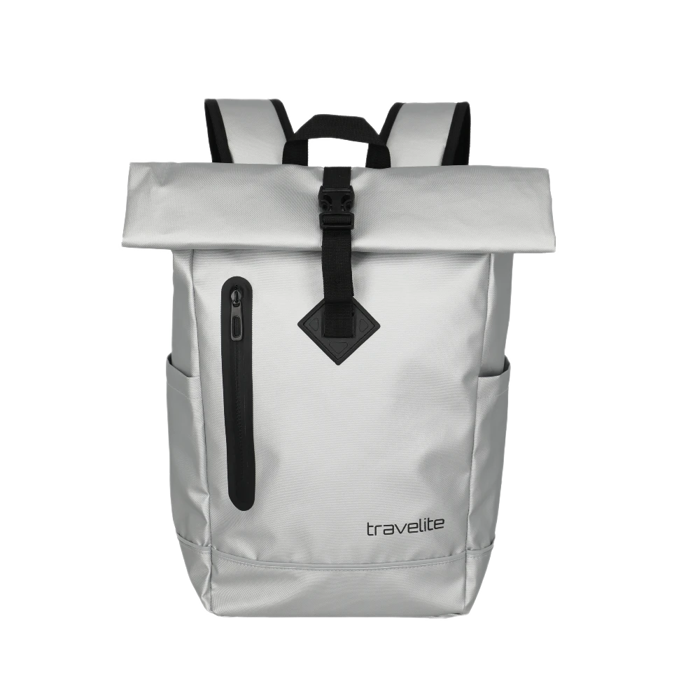 travelite basics rollup plane rygsæk, i sølvfarve, forfra