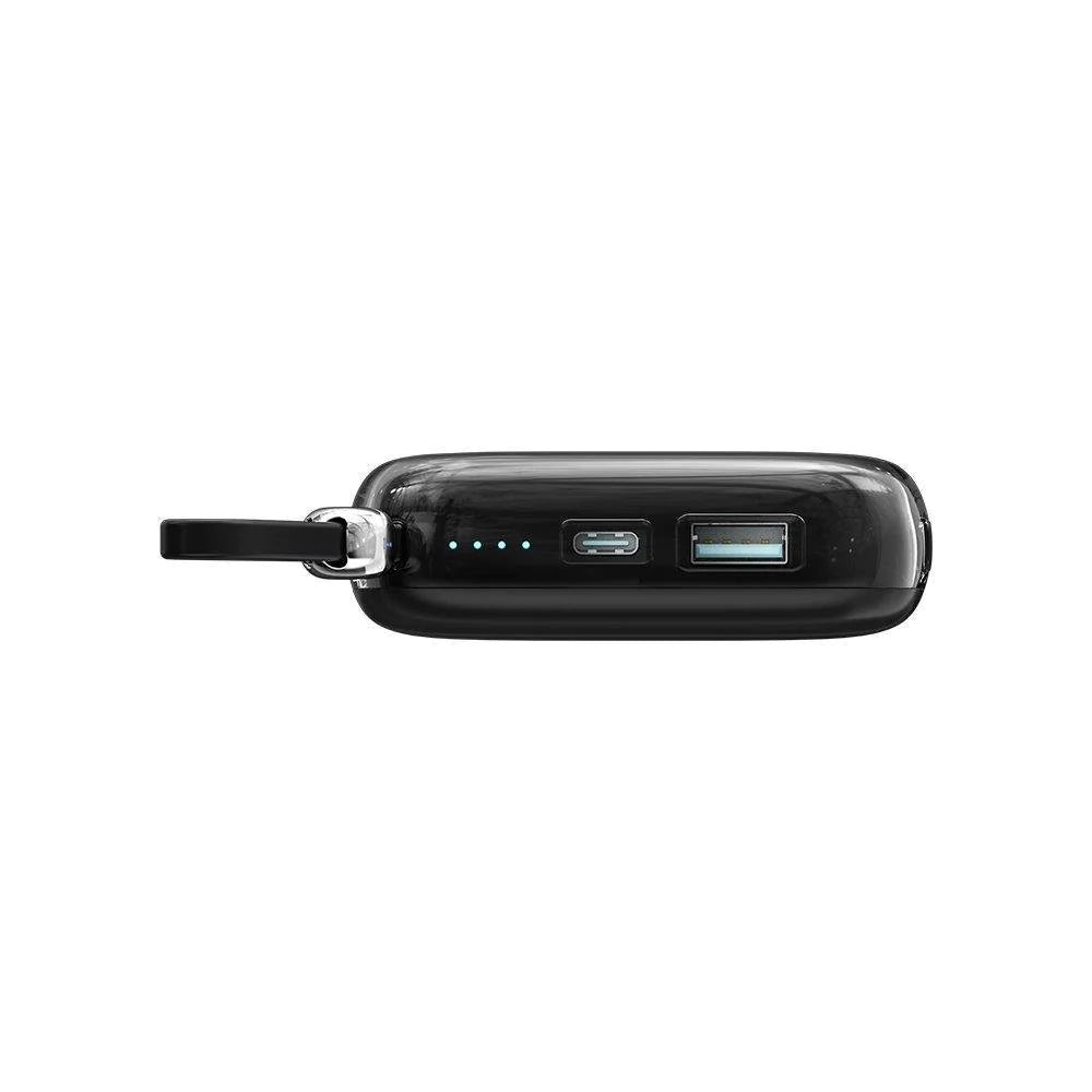 joyroom powerbank sort fra siden, USBA og C samt strop