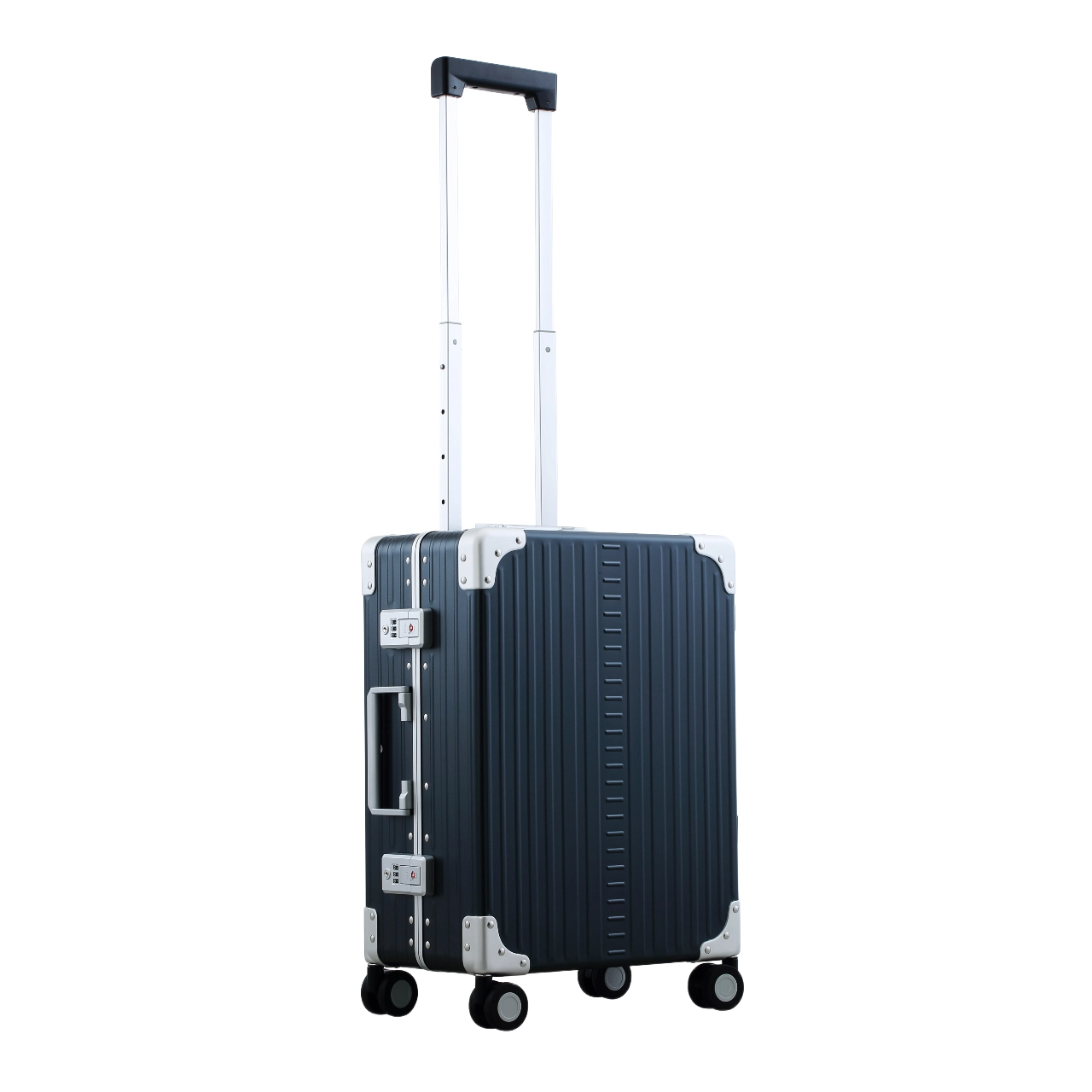 aleon fortis aluminium kabinekuffert 21" sort, skråt fra siden