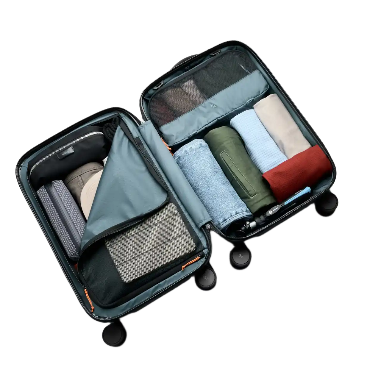 Bellroy Sort Transit Carry On kabinekuffert, åben med indhold