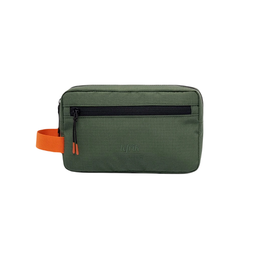 Grøn lefrik toilettaske med orange strop og lynlåslomme