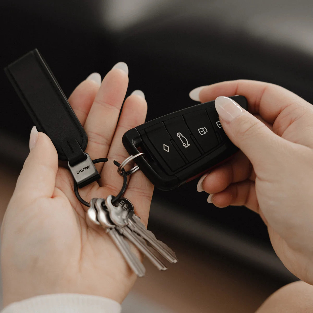 model med Orbitkey Loop keychain, sort, med nøgler