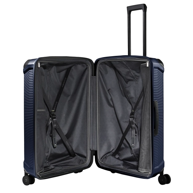 travelite millennium stor navy kuffert, åben med pakkestroppe