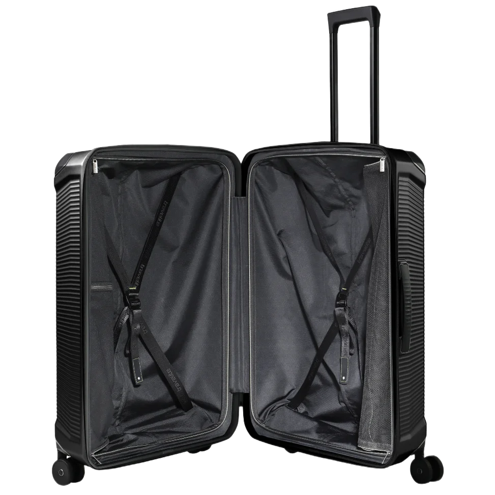 travelite millennium stor kuffert, sort, indvendig med stroppe
