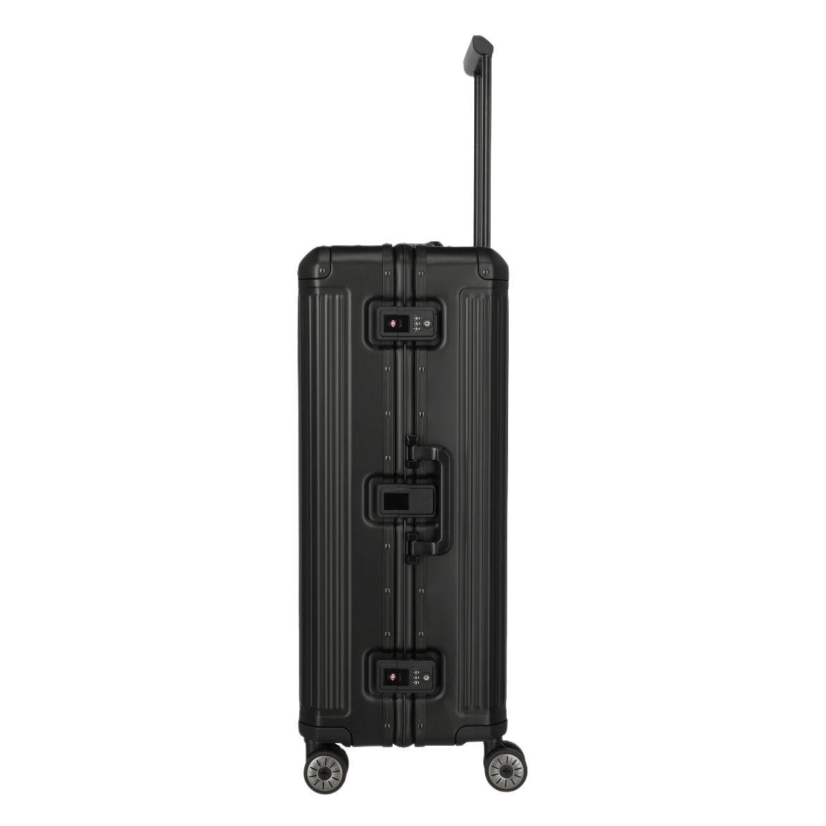 travelite next 2.0 stor aluminium kuffert, sort, fra siden, låse