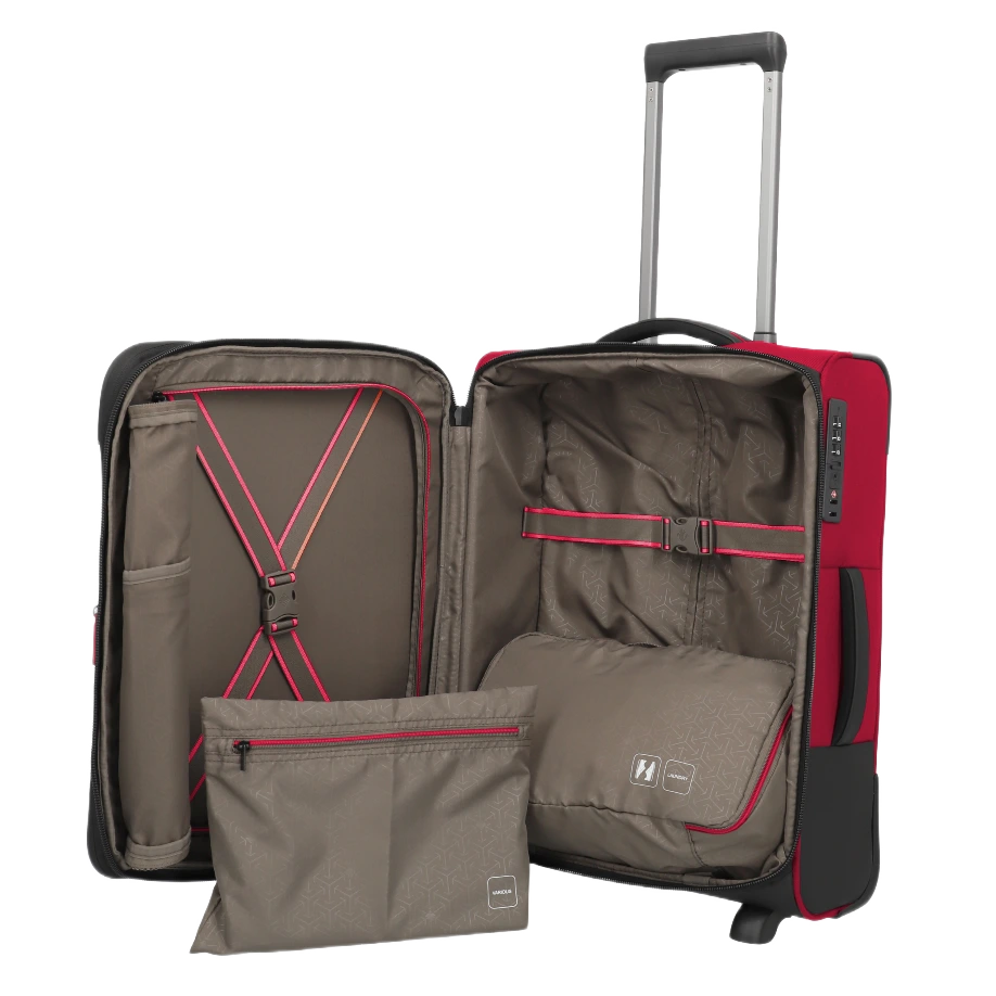 travelite Crosslite 2-hjulet rød kabinekuffert, åben med pakkeposer