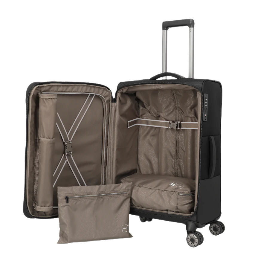 travelite Crosslite medium kuffert, sort, åben med pakkeposer