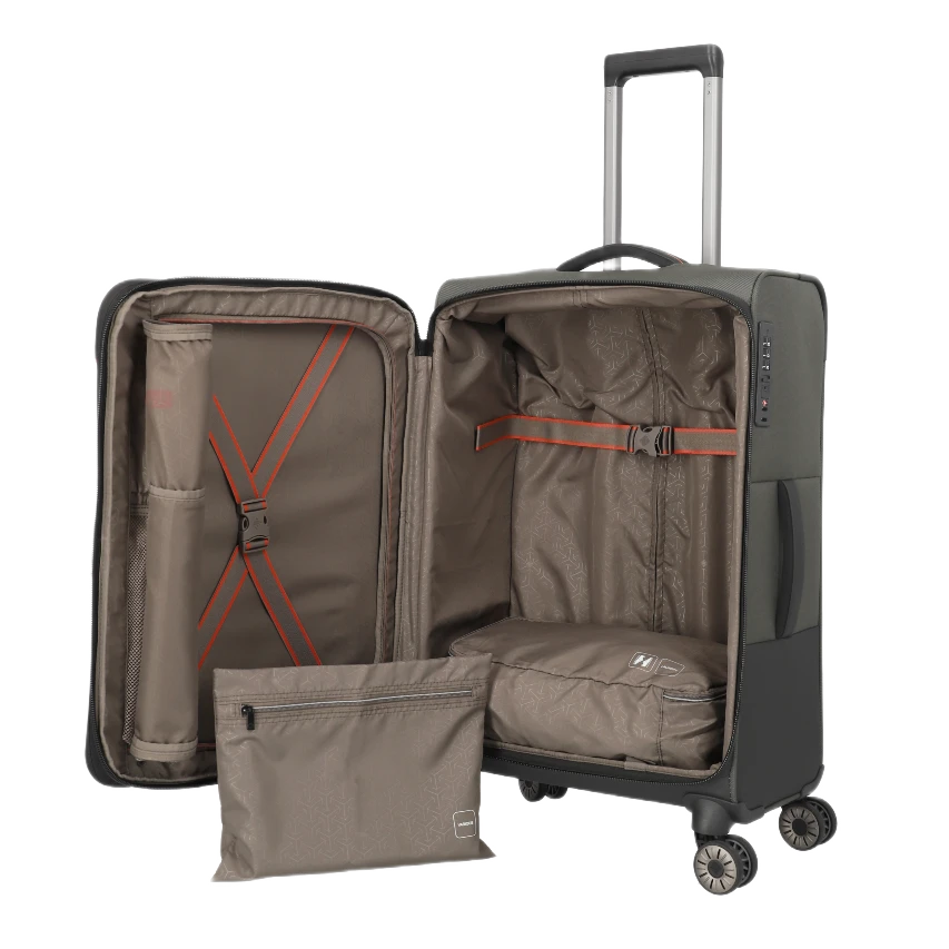 travelite crosslite kuffert med ekspansion, oliven, åben, med pakkeposer