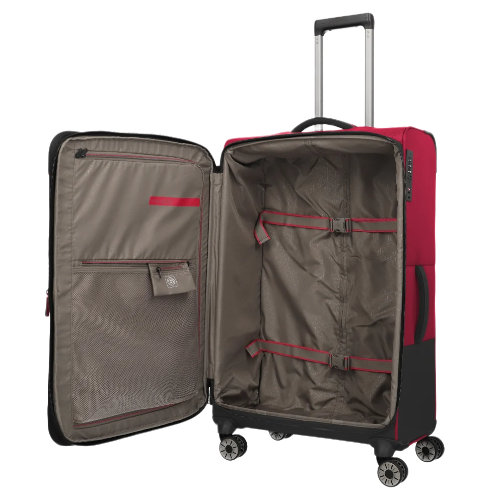 travelte Crosslite stor rød kuffert, indvendig med stroppe og lommer