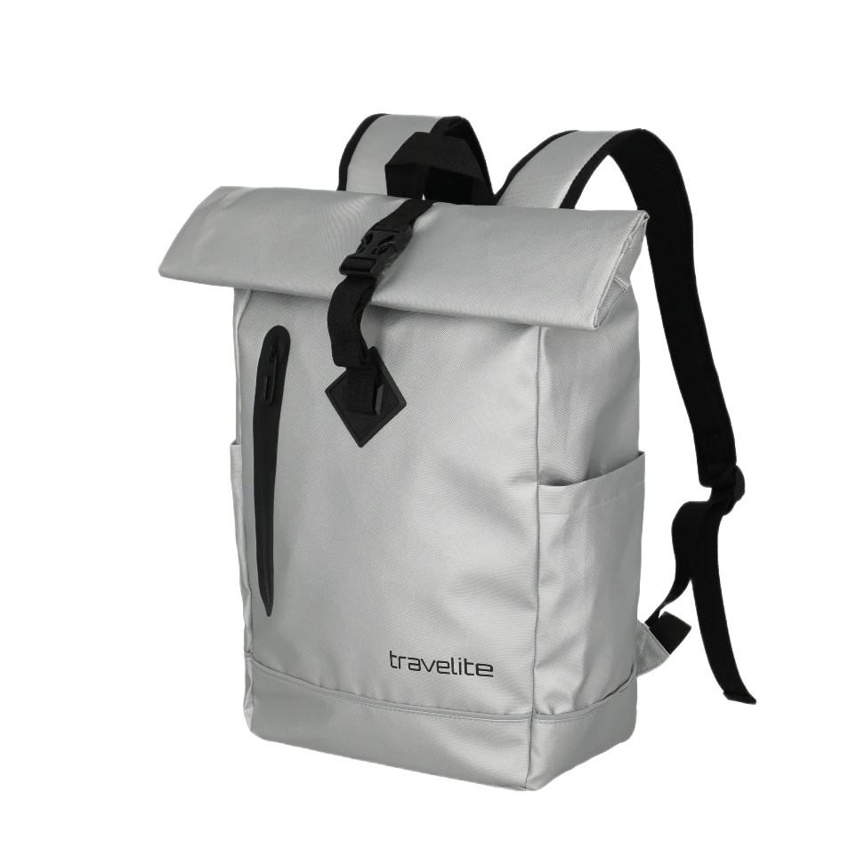 travelite basics rollup plane rygsæk, i sølvfarve, fra siden, forfra