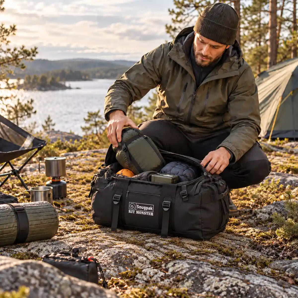 Mand med kitmonster taske 65 l sort ved camp