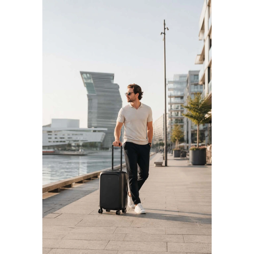 mand med Bellroy transit carry on trolley i Oslo