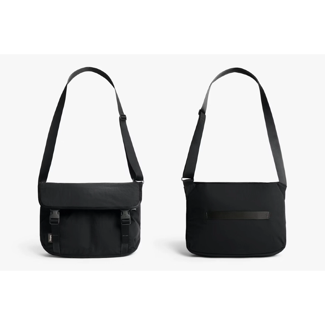 Bellroy Cinch messenger taske, sort, forfra og bagfra