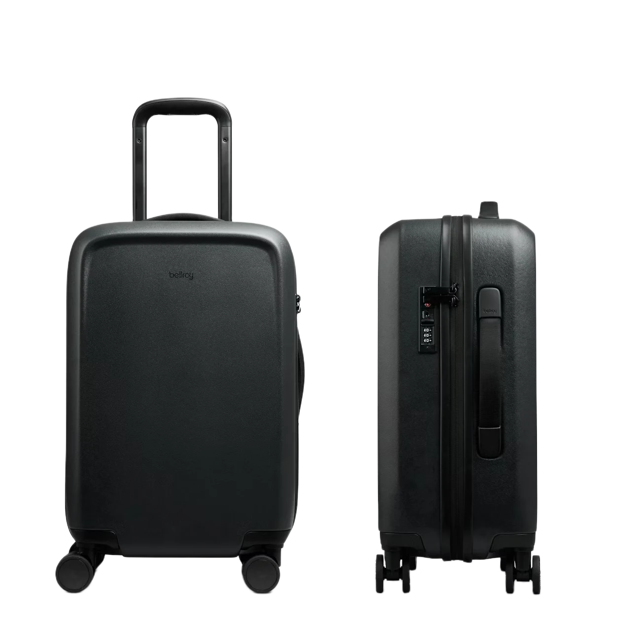 Bellroy Sort Transit Carry On kabinekuffert, forfra og fra siden